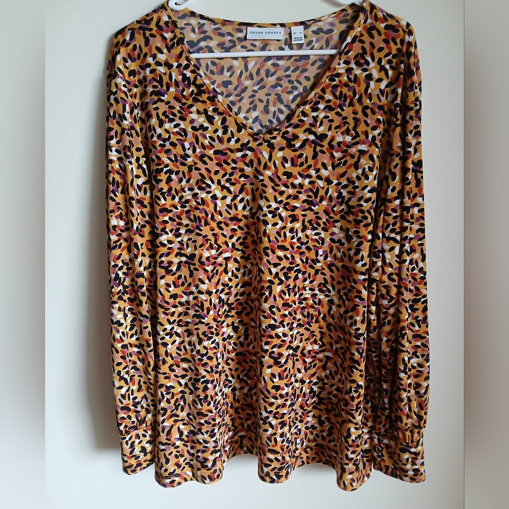 Susan Graver truffle brown and blush printed liquid knit top Size XL puff sleeve